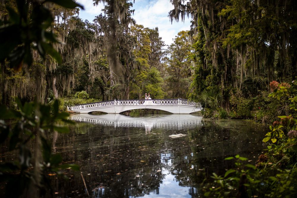 A white ornate bridge spans across a serene pond surrounded by Spanish moss-draped trees in a Southern garden.
