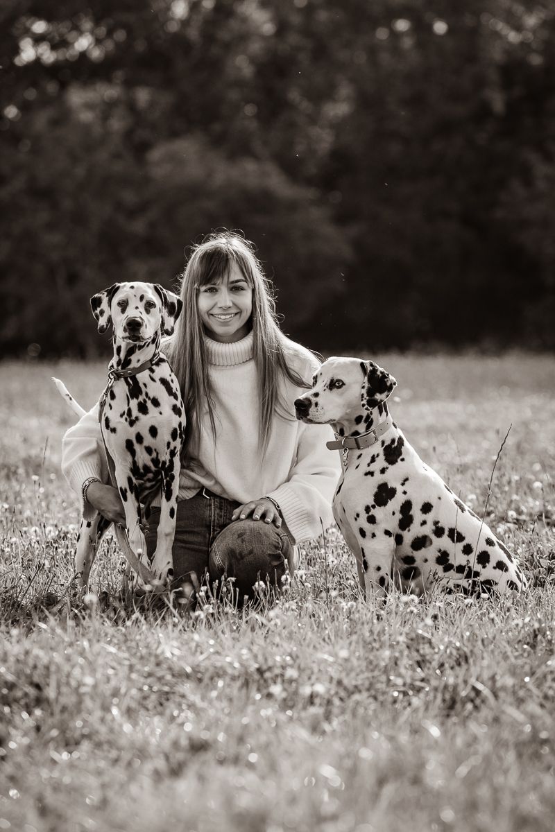 Two spotted Dalmatian dogs pose with their companion in a black and white photo.