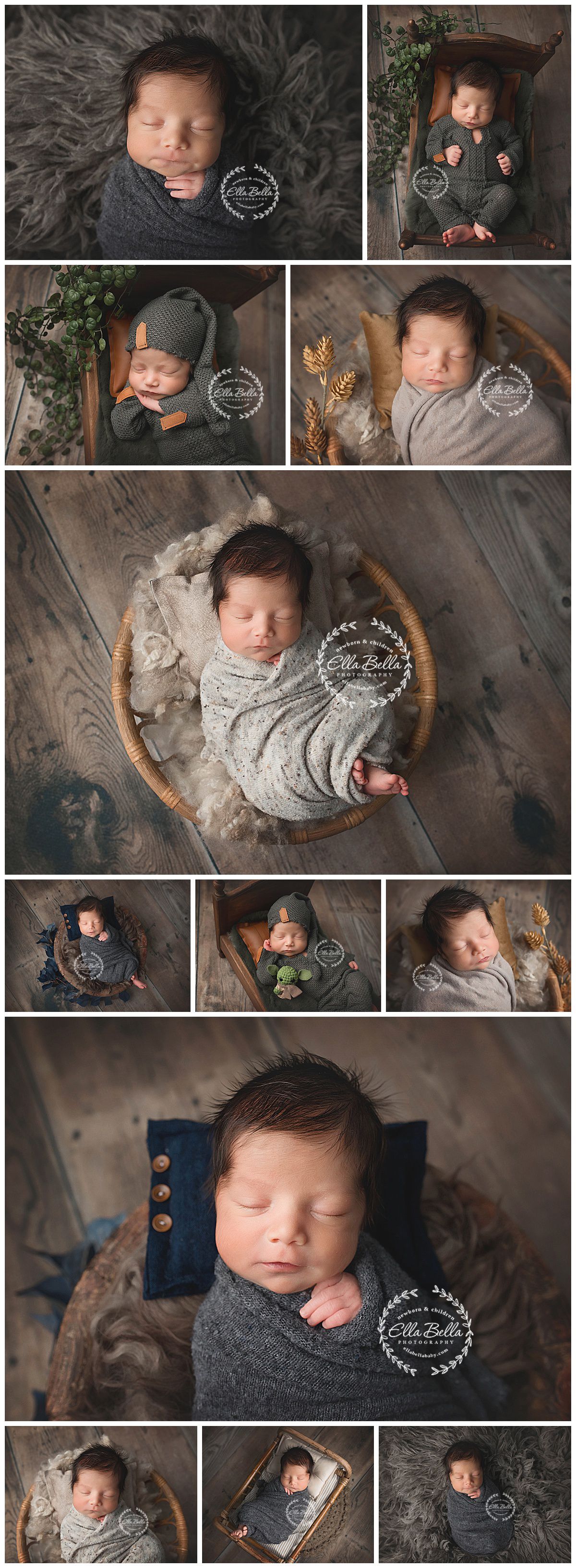 Collection of newborn photos featuring baby in various poses with gray and neutral tones.