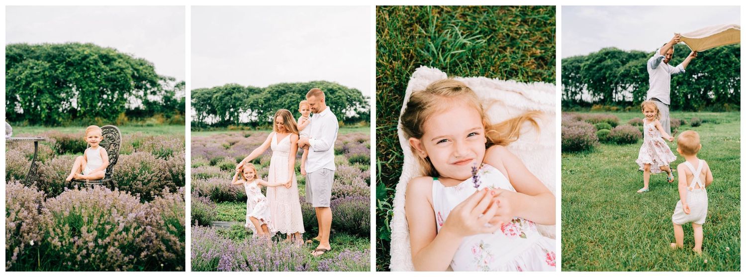 collage of a family in a lavender field