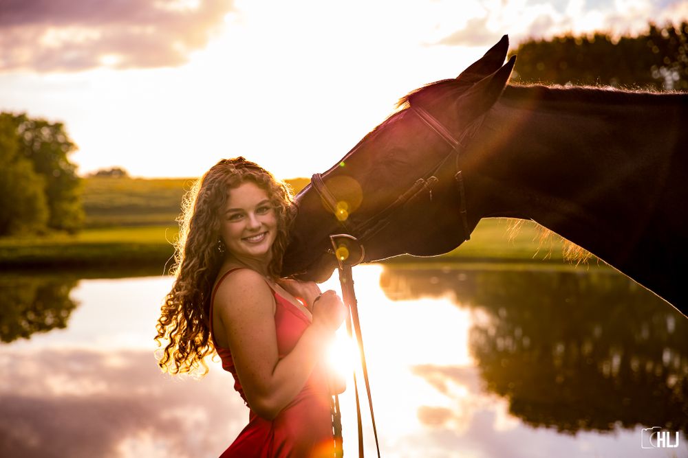 Horse silhouetted against sunset with lake reflection.