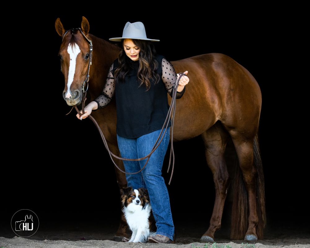 A western-style portrait of a person with their horse and border collie against a black background.