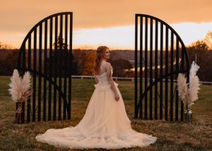 Decorative iron gates silhouetted against a warm sunset sky creating an elegant entrance.
