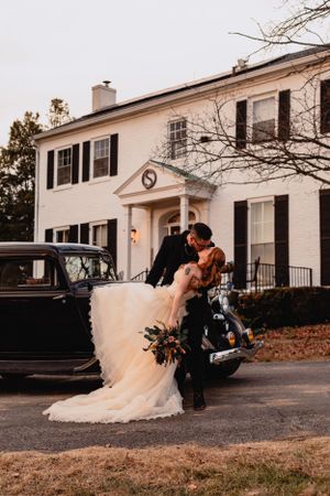 A romantic wedding photo sequence featuring a couple and vintage car outside a stately home.