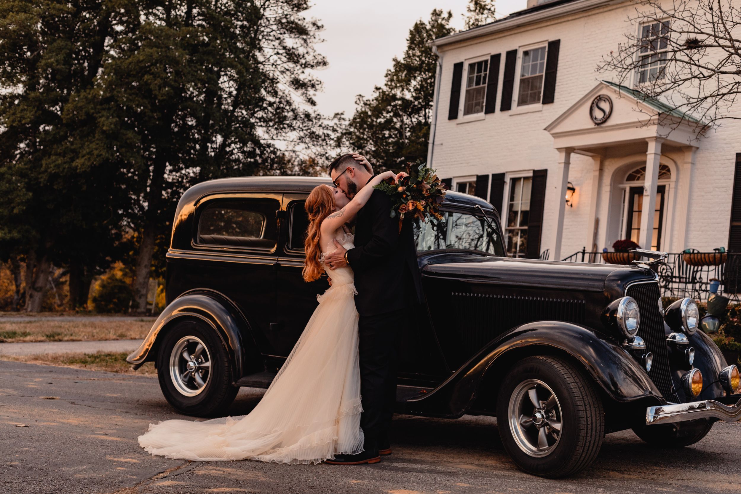 A sequence of wedding photos featuring a classic car outside a white colonial house.