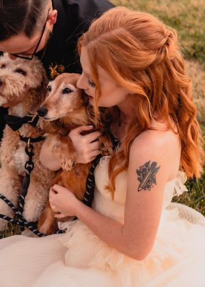 Sweet moment between a bride in white dress and a fluffy dog during wedding photos.
