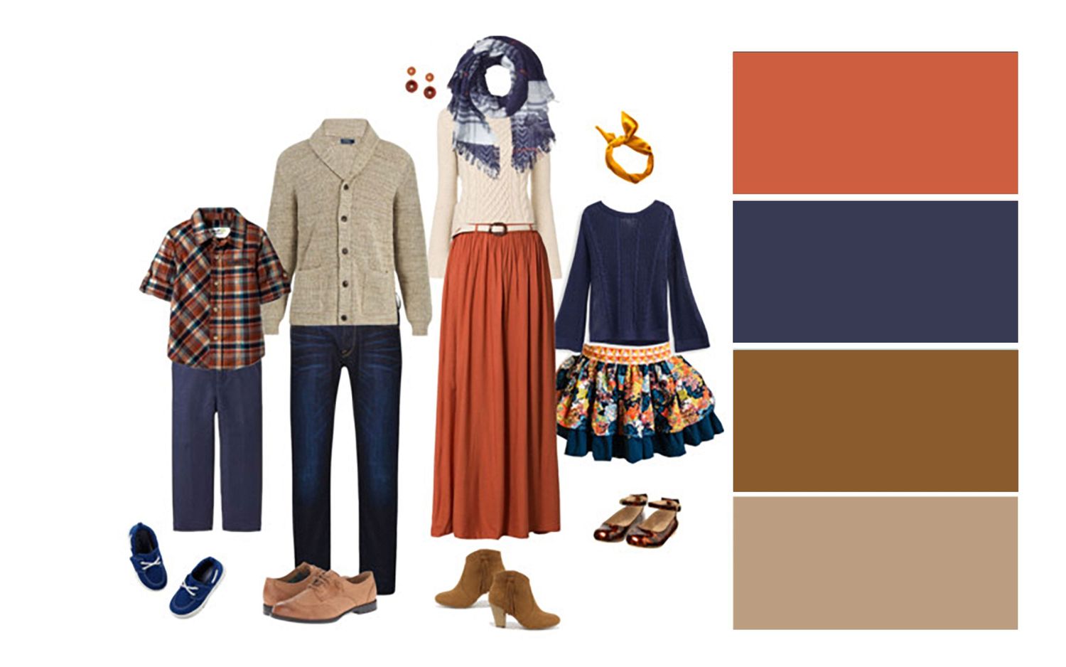 Family photo outfit set in rust orange, navy and tan featuring plaid and floral patterns.