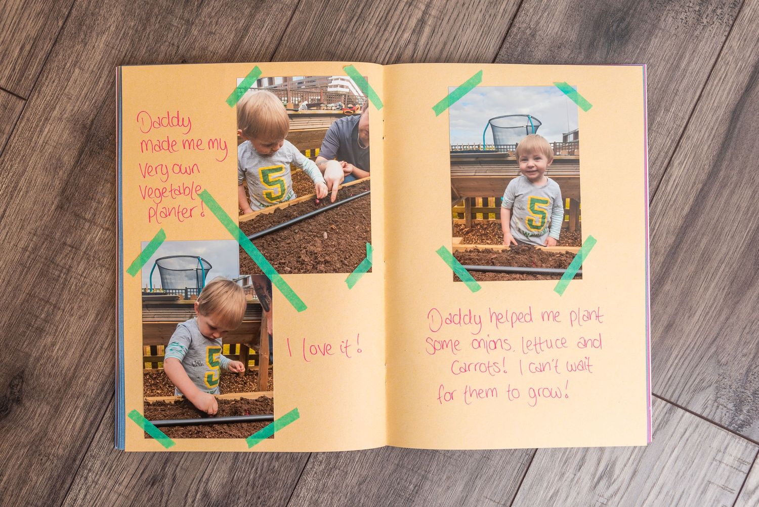 Photo album page with outdoor play pictures and washi tape decorations.
