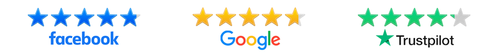 Review ratings showing five stars for Facebook, five stars for Google, and three-plus stars for Trustpilot.