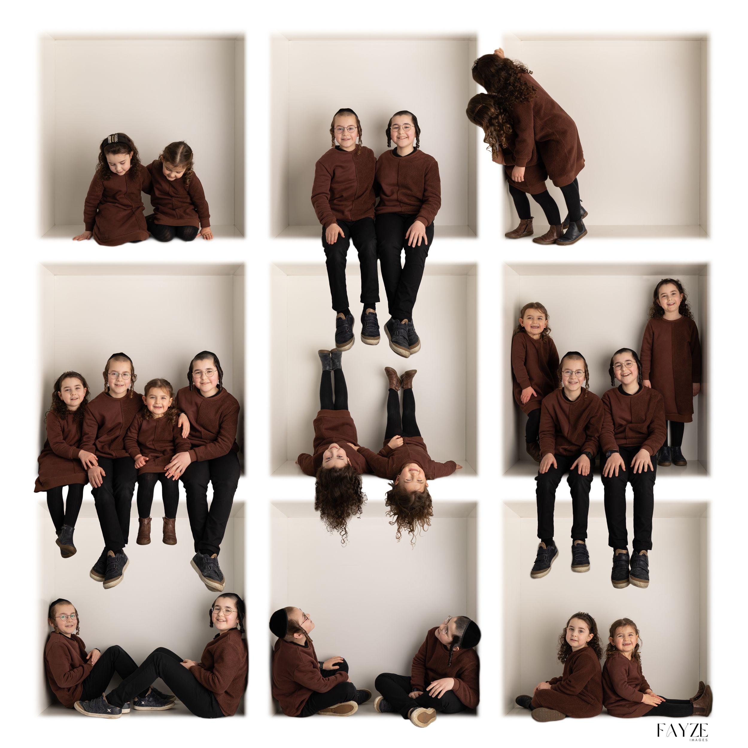 Grid composition of creative portrait poses in matching brown outfits against white background.