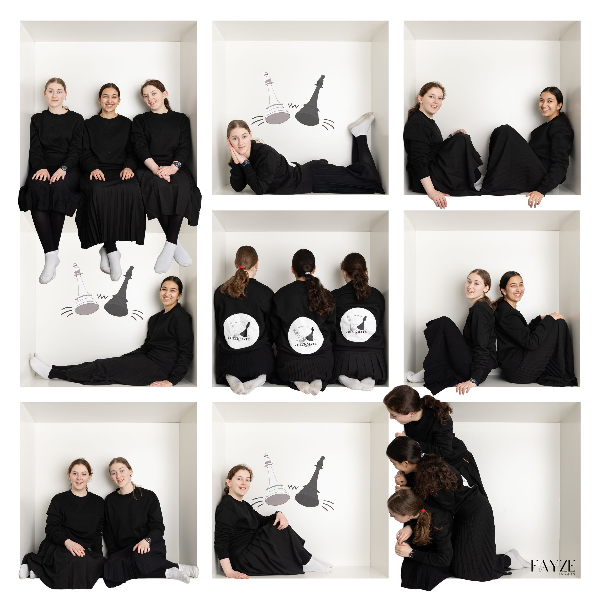 Creative photo collage showing people in black outfits posing in various arrangements in white boxes.