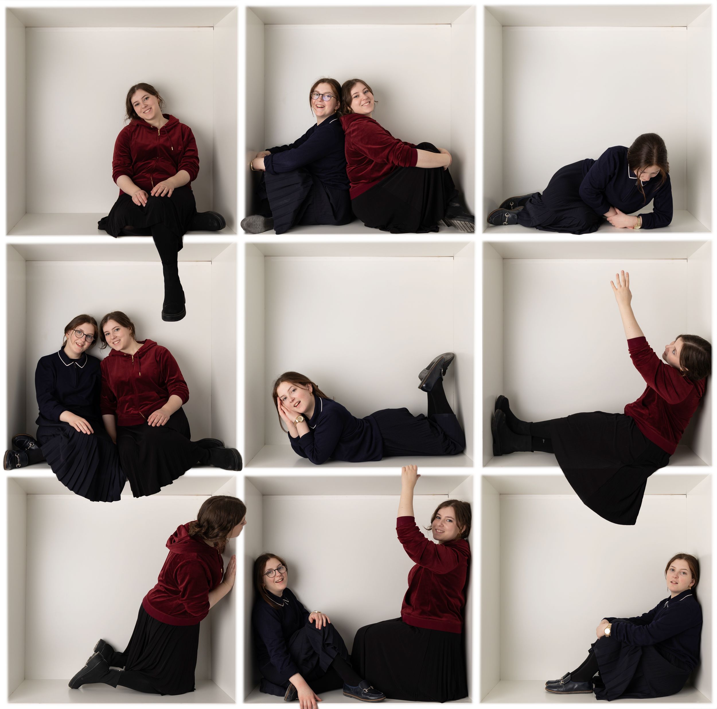 Grid of artistic portrait poses in black and red outfits against white cubicle backgrounds.