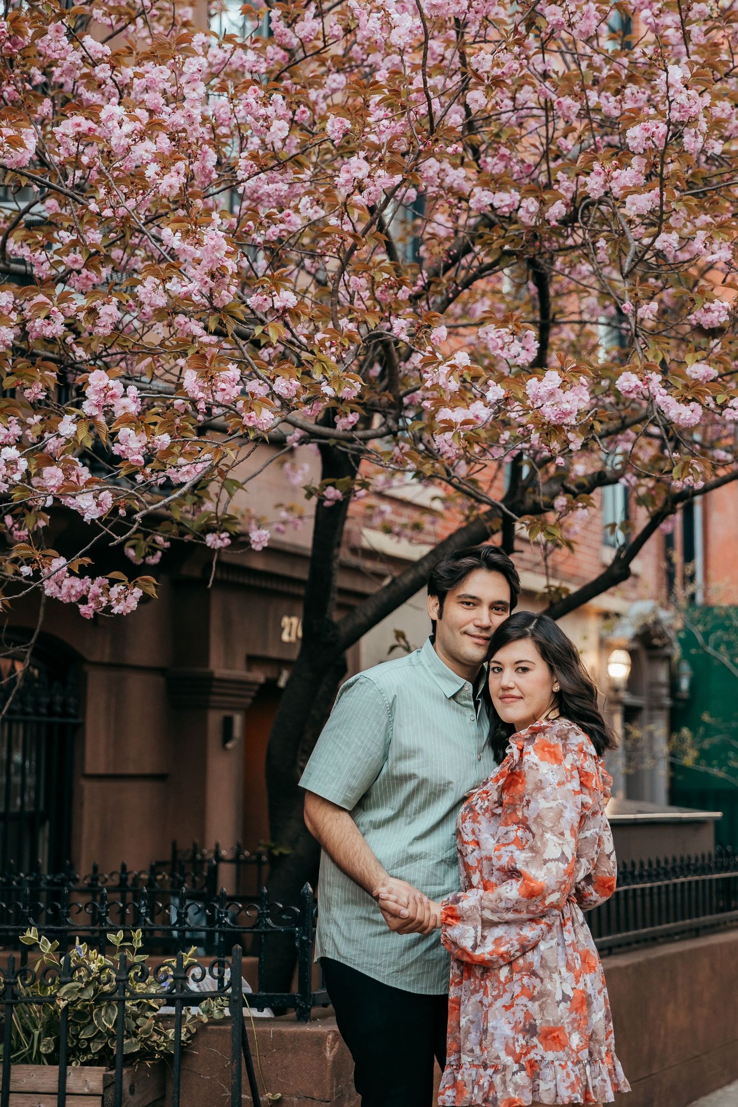 Romantic couple posing together under blooming pink cherry blossom tree on a city street in spring.