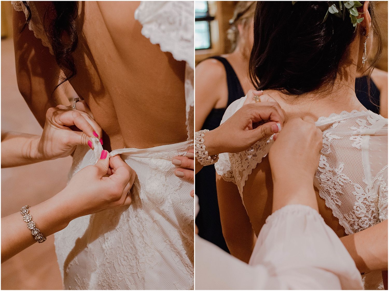 Close-up shots of helpers fastening buttons on wedding dress back.
