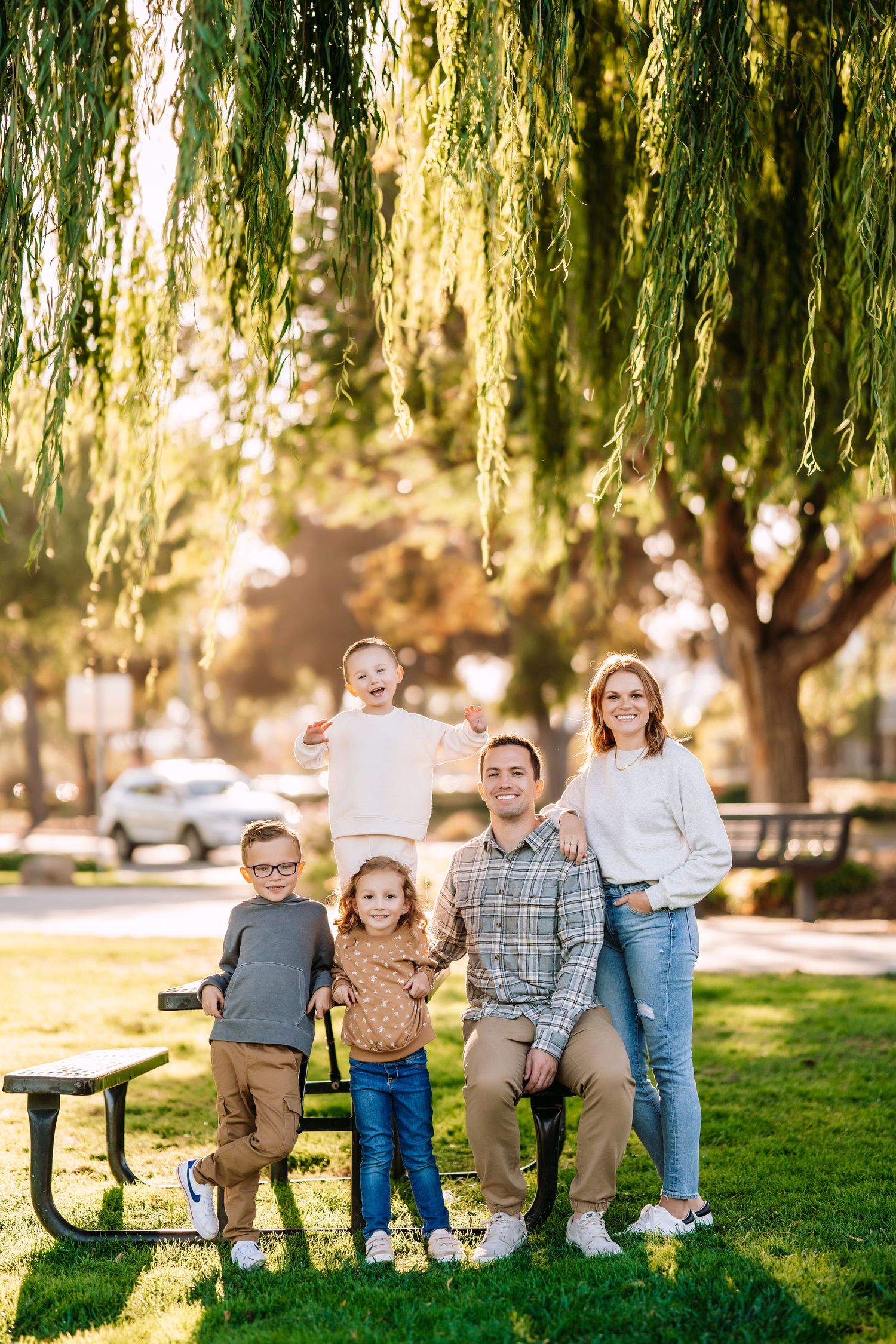 Family enjoys a sunny afternoon together in a park with willow trees and picnic tables on a grassy lawn.