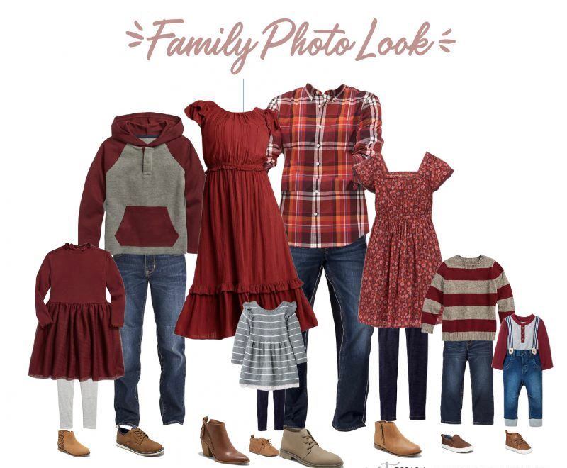 Family fashion coordination guide featuring burgundy and red outfits with jeans and boots.