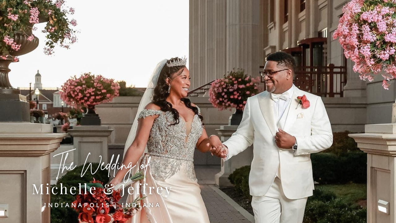 Newlywed couple pose among pink floral arrangements with elegant text overlay.