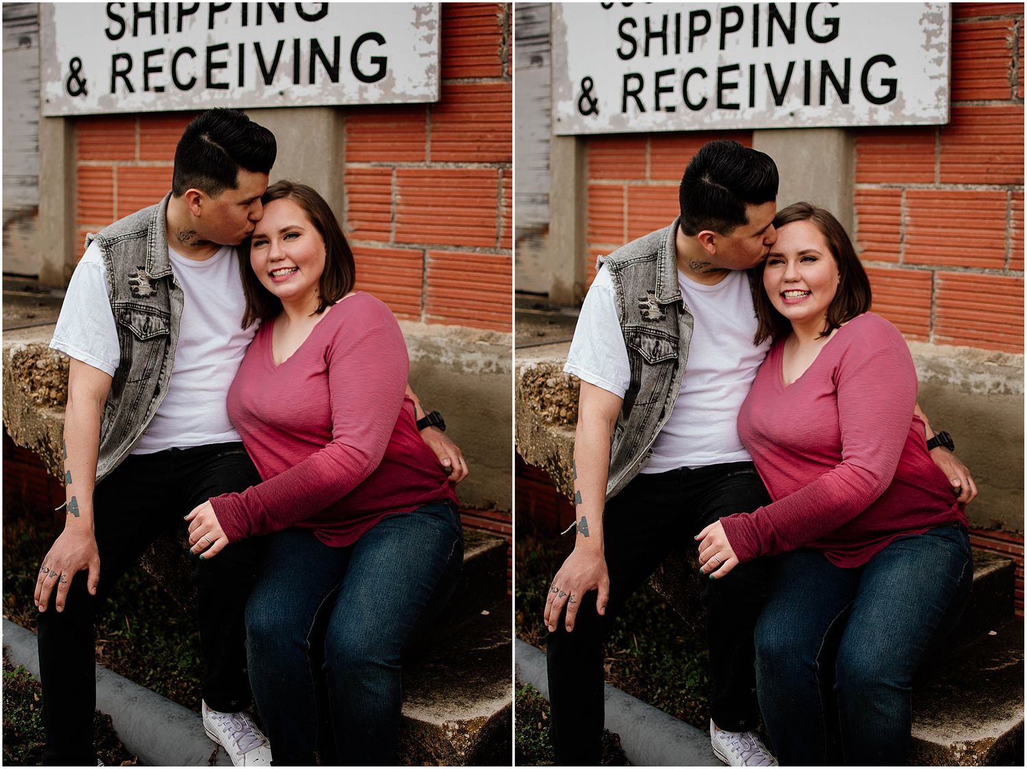 Two similar shots of a couple sitting together by a shipping sign.