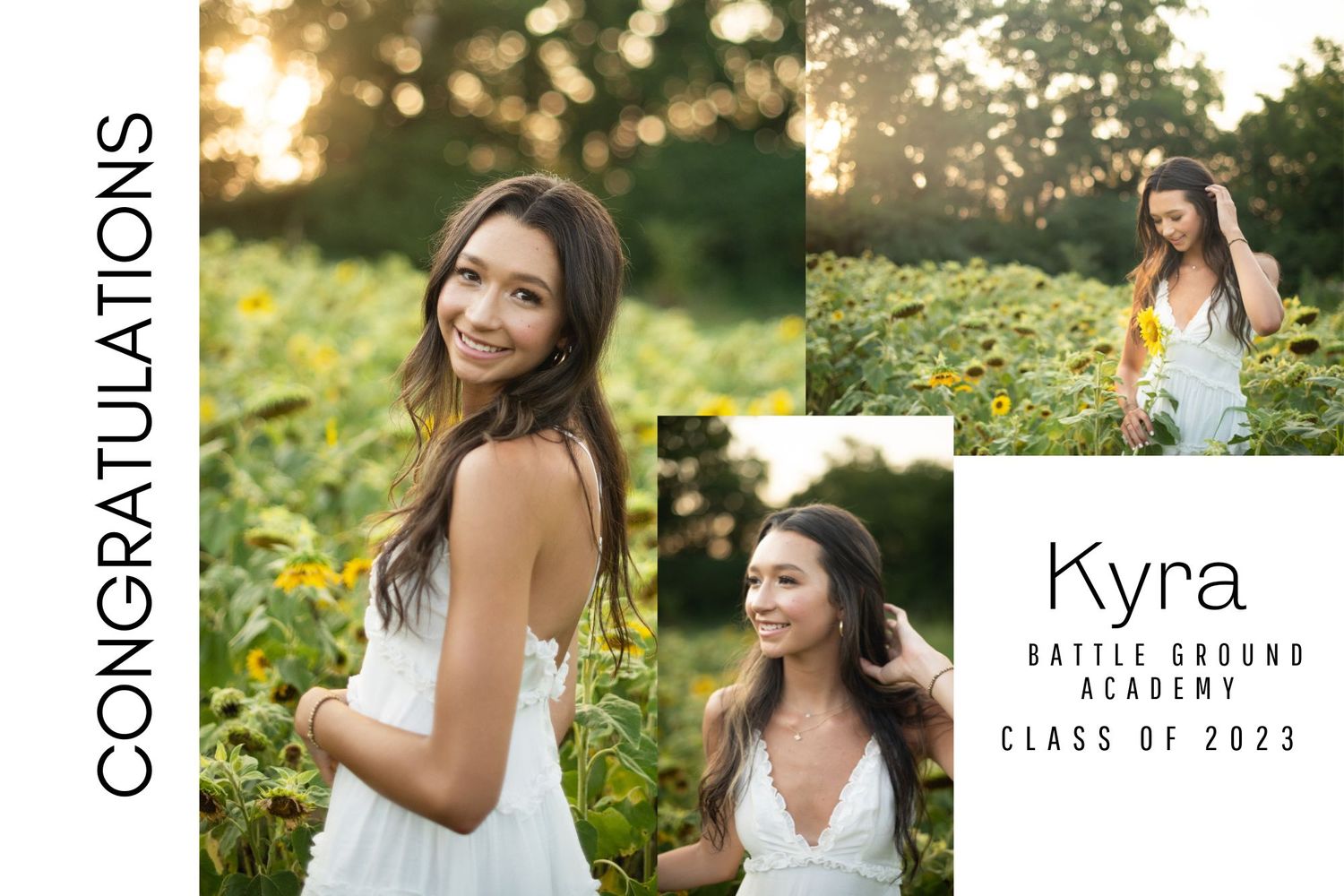 Graduation announcement with three golden hour portrait photos and elegant typography.