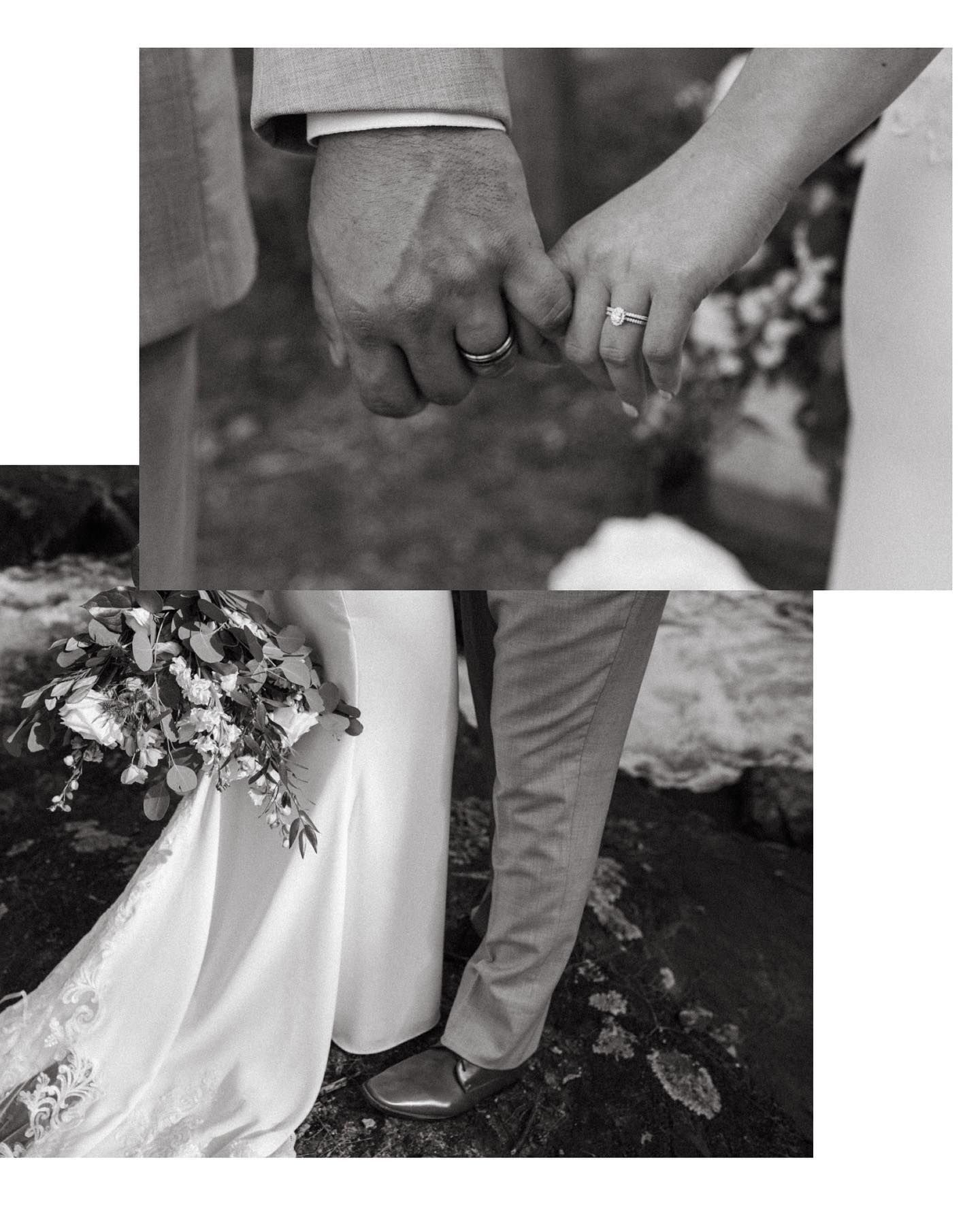Wedding detail collage showing intertwined hands with rings and dress fabric against trousers.