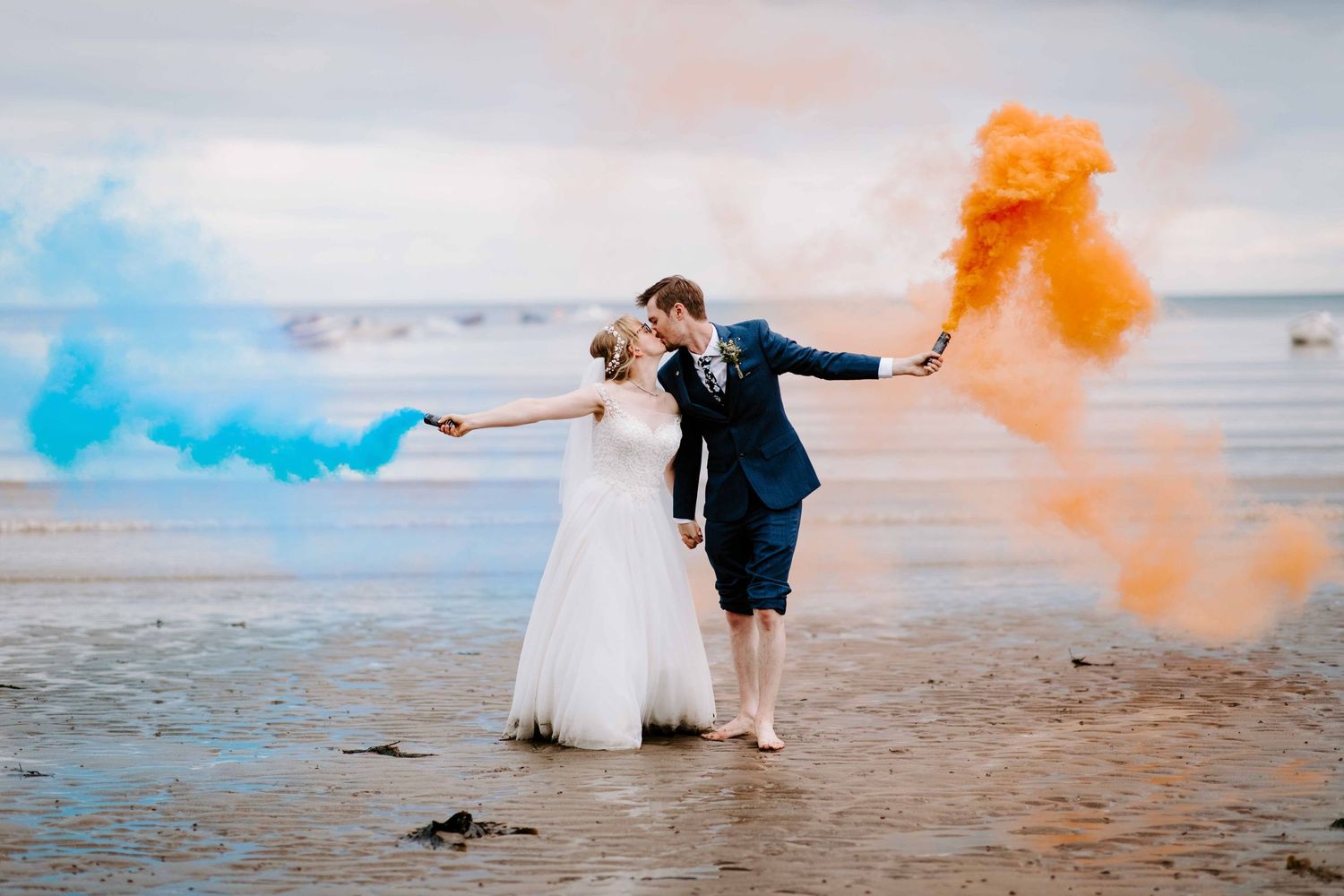 Whitby, Robin Hoods Bay, beach wedding with coloured smoke bombs