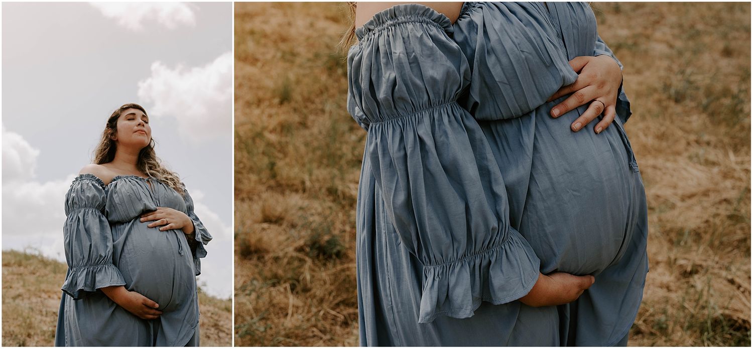 Collection of maternity photos showing bump details and full-length poses in blue dress.