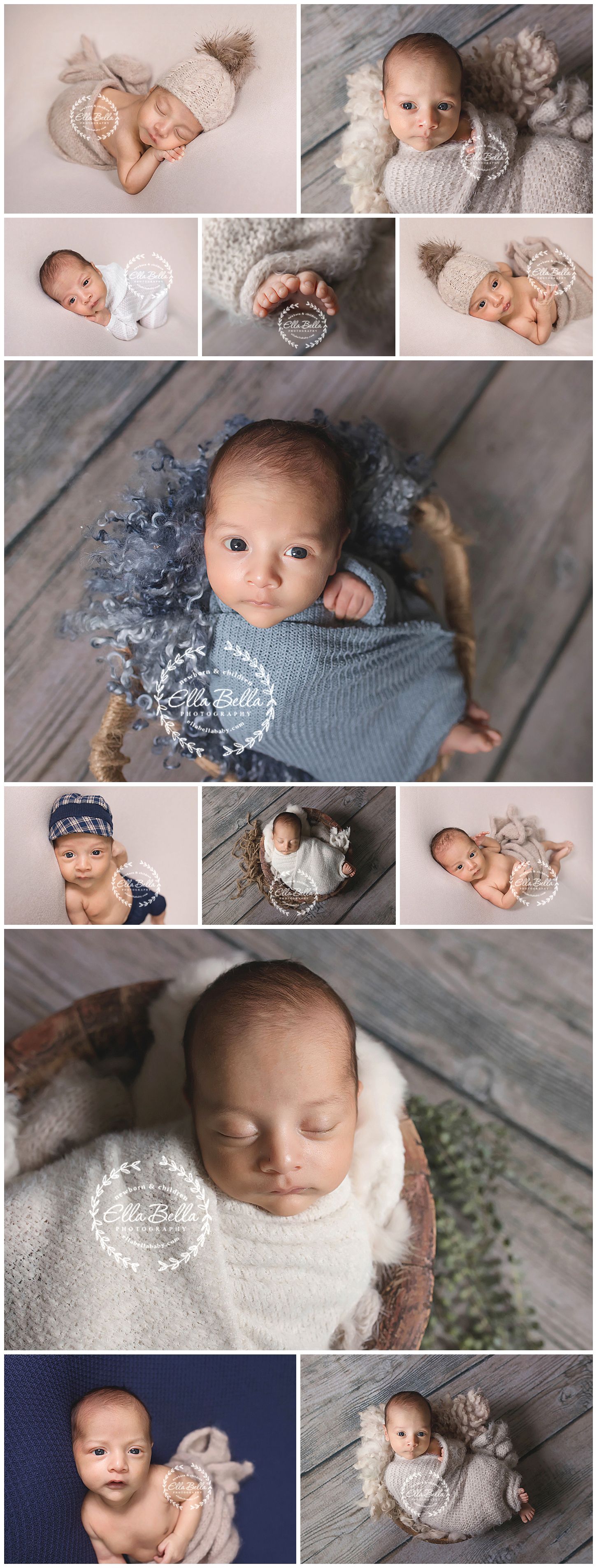 Collection of professional newborn portraits in soft neutral colors and varied poses.
