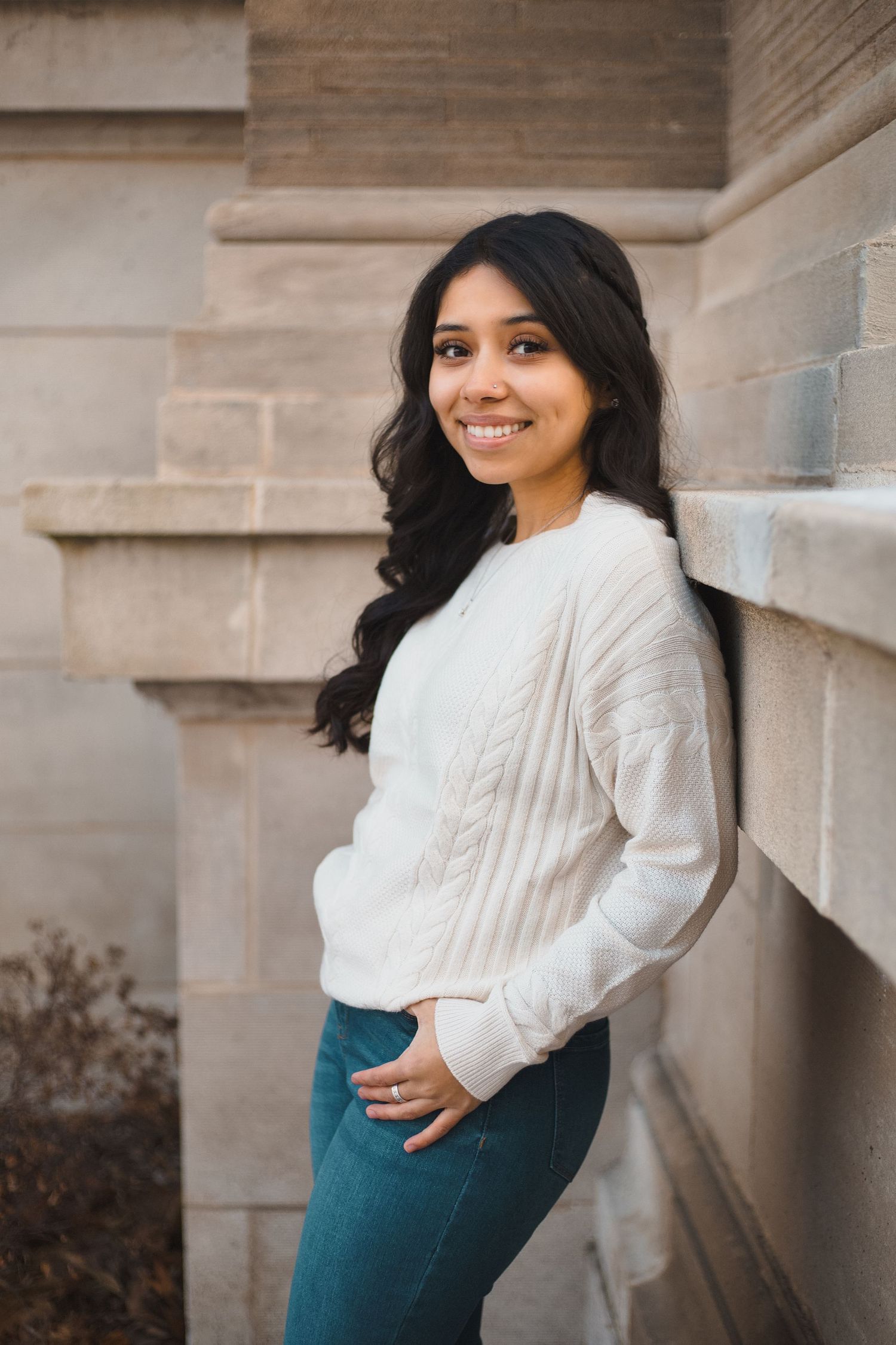 watertown public library madison wi high school senior portraits photos female wintery outdoors building brick pillars