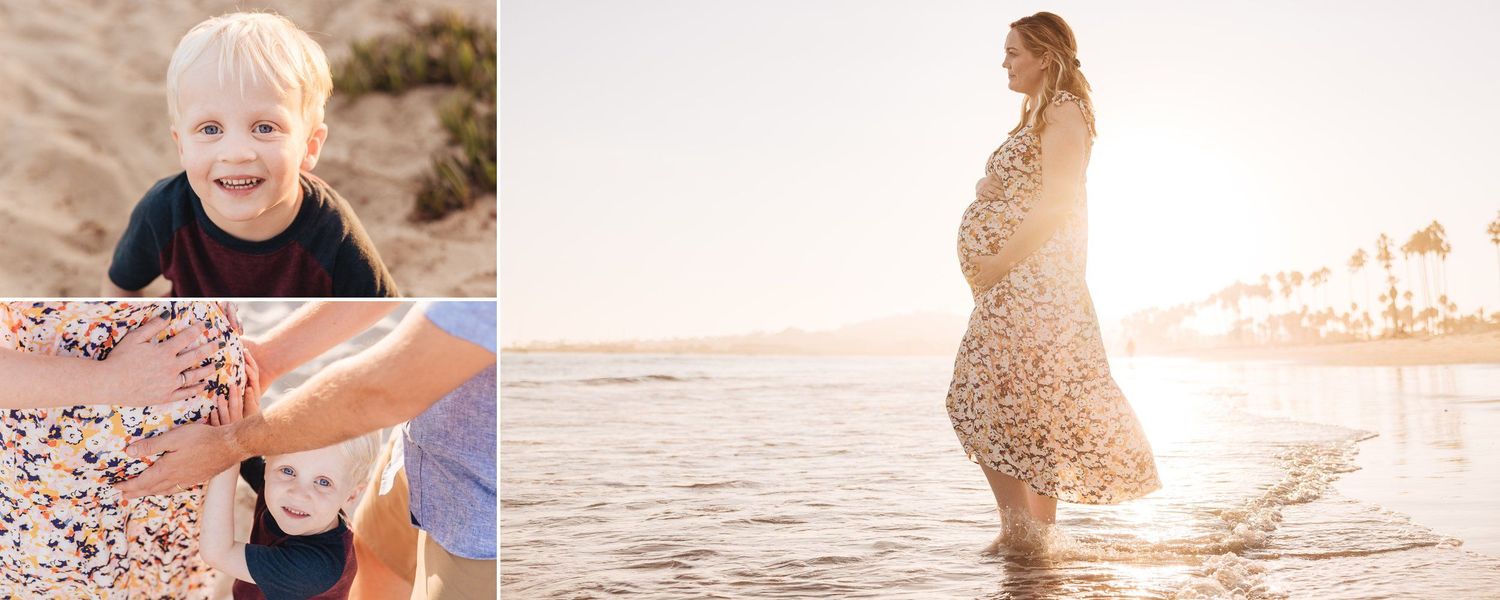 Beautiful maternity and family portraits captured at sunset by the ocean.