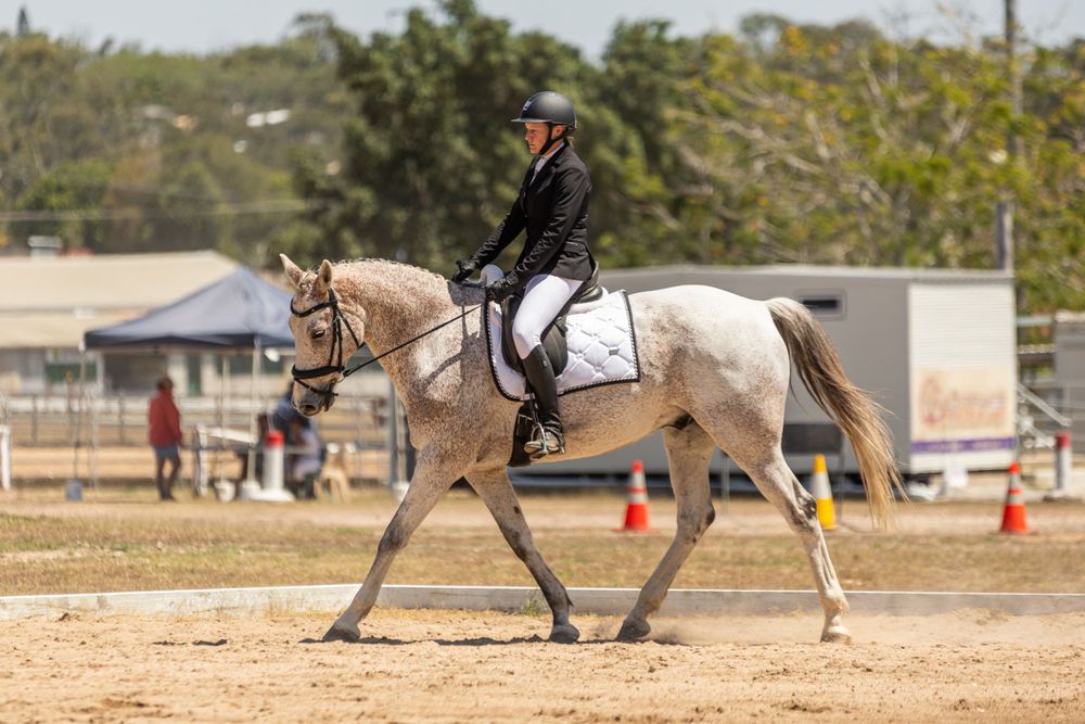 A rider guides a cream-colored horse through a dressage pattern in an outdoor arena.