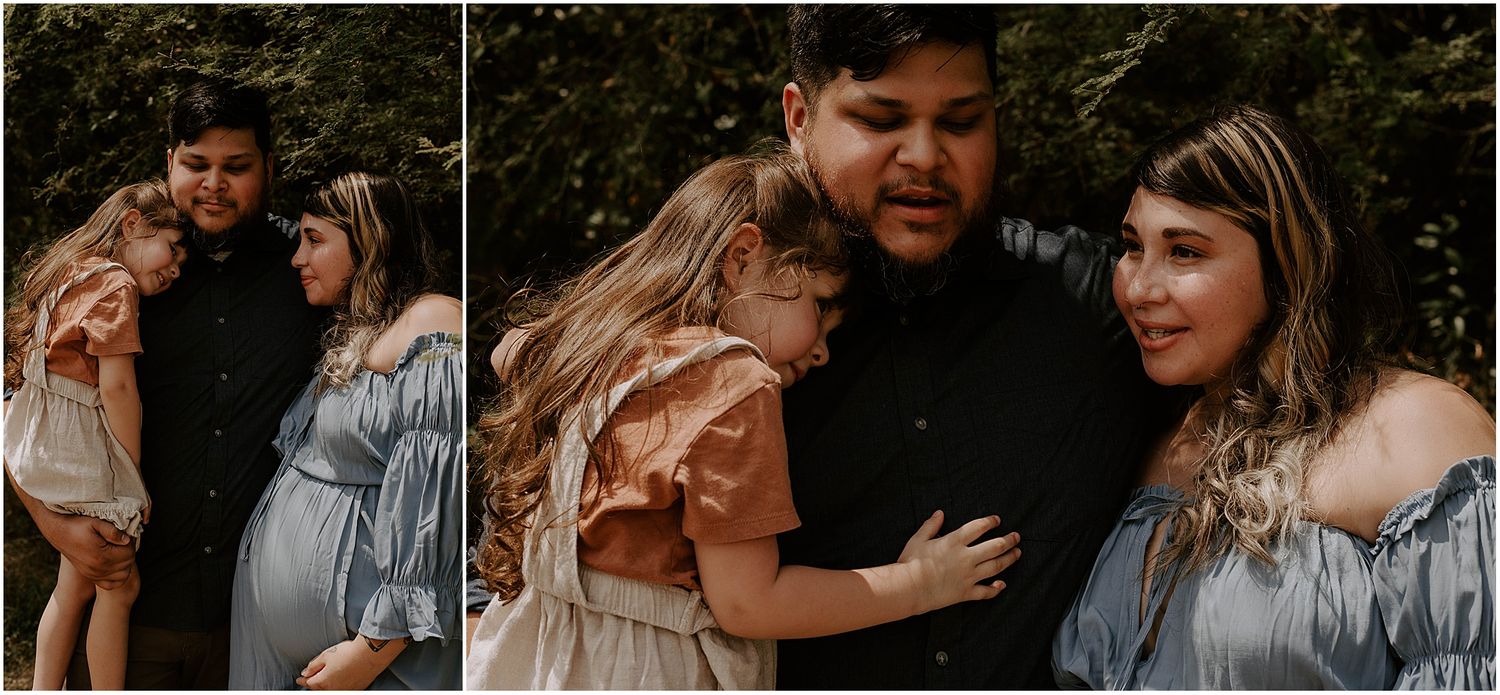 Close-up family portrait in warm tones showing emotional connection between three people.