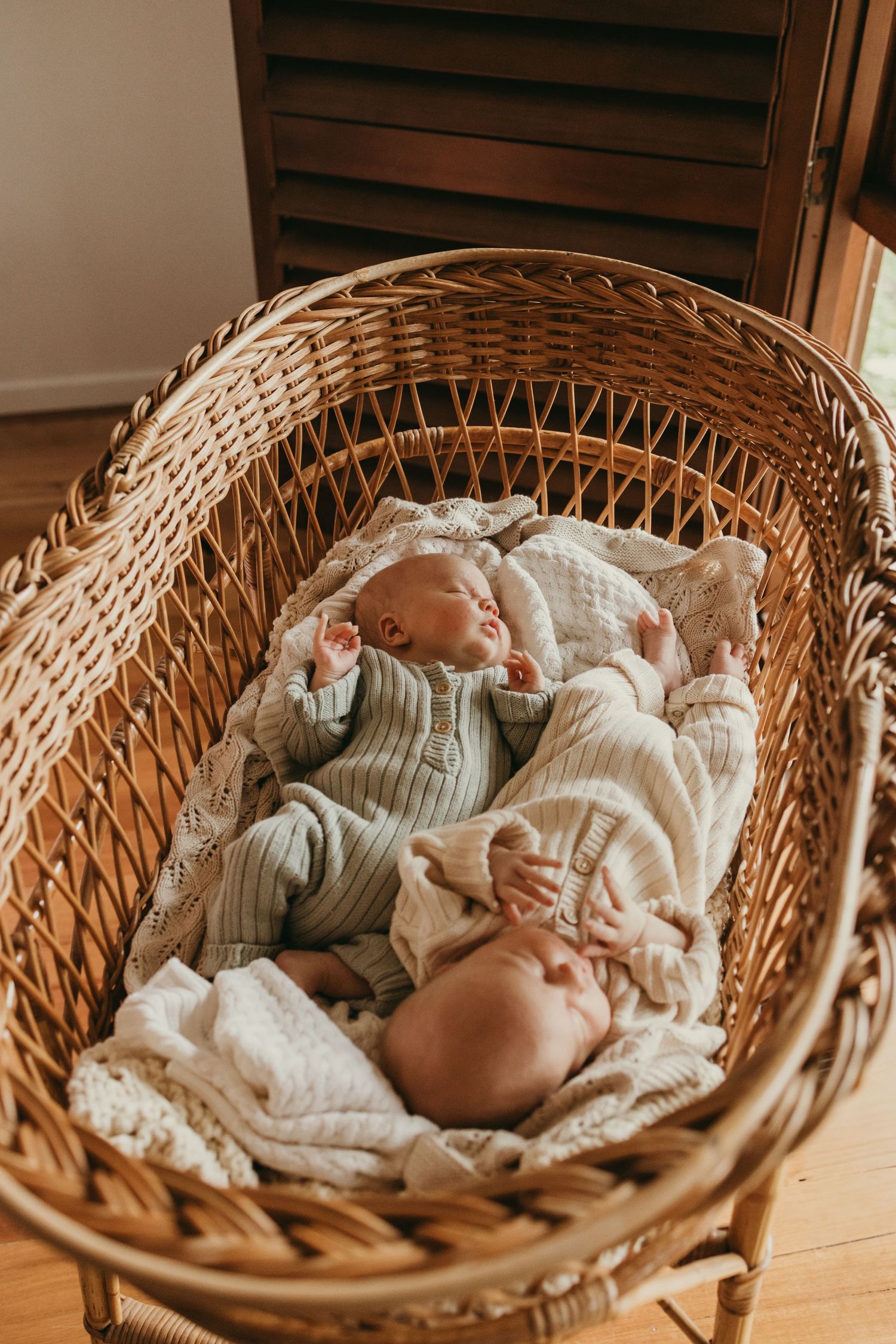 Peaceful newborn twins sleeping in a vintage wicker bassinet by window light.