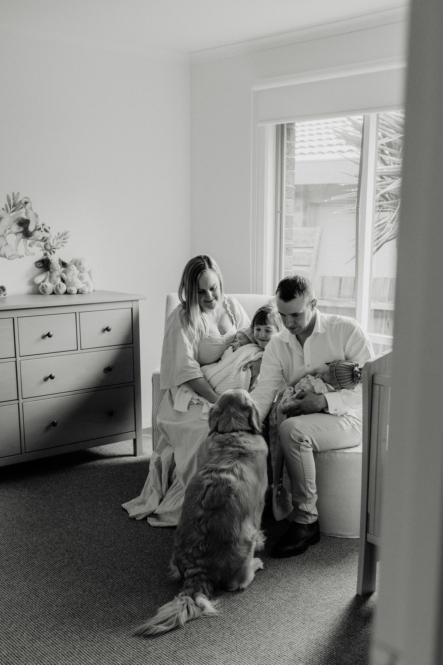 A black and white portrait of a family moment with their dog in a sunlit room.