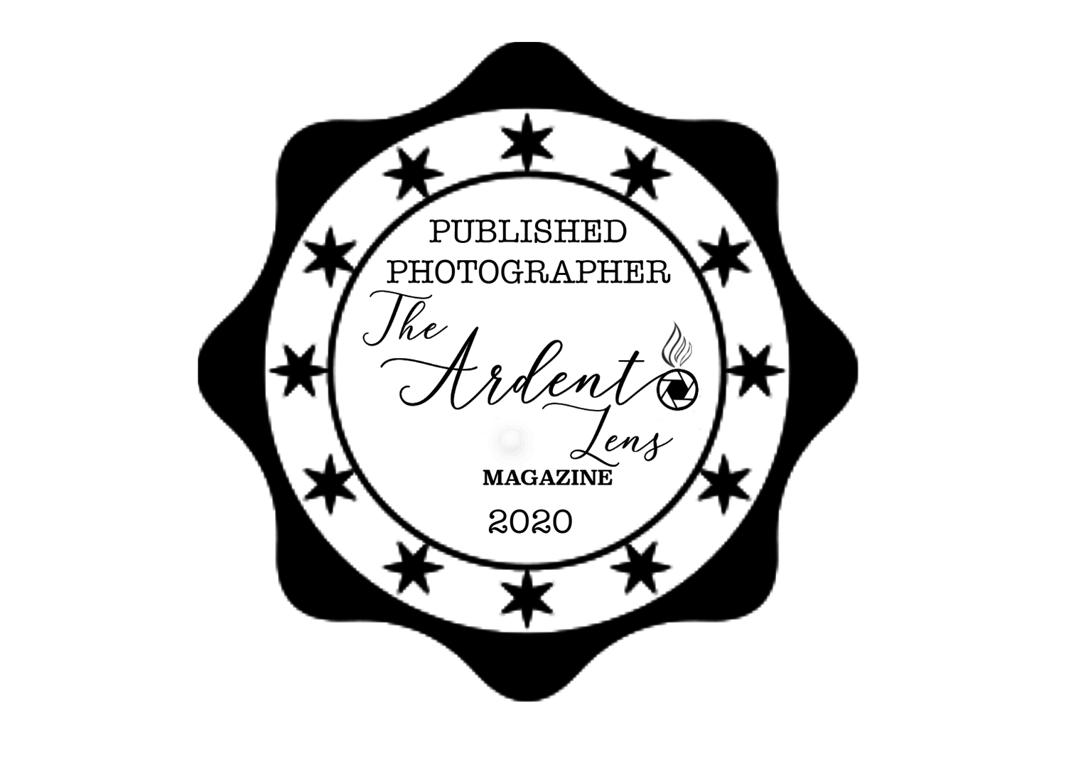 The Ardent Lens Magazine 2020 Published Photographer badge with star border seal.