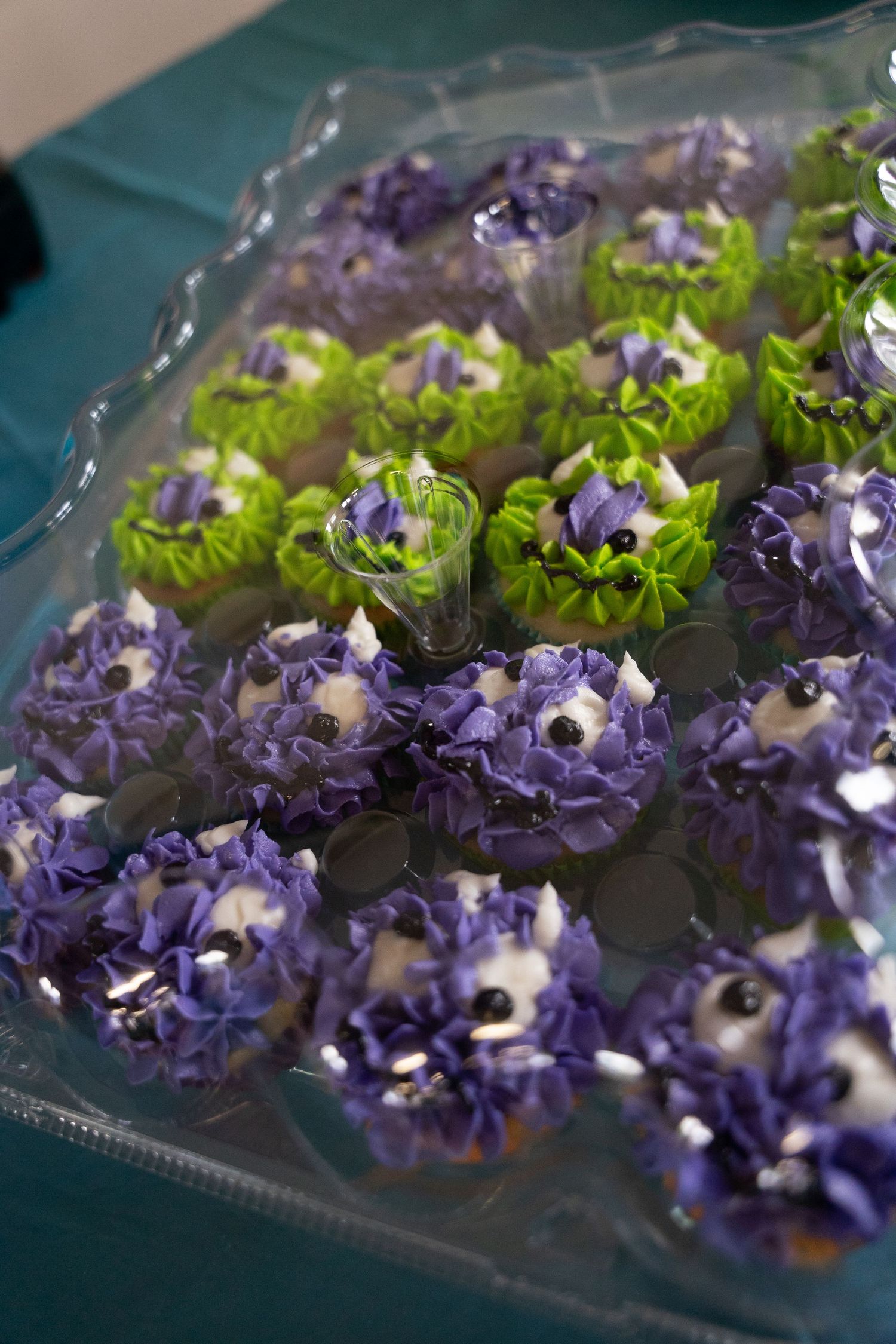 Close-up of purple and white flowers arranged in clear plastic containers on a teal surface.