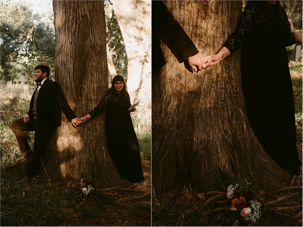 Victorian-styled couple photography session in woods featuring dramatic poses against large trees.