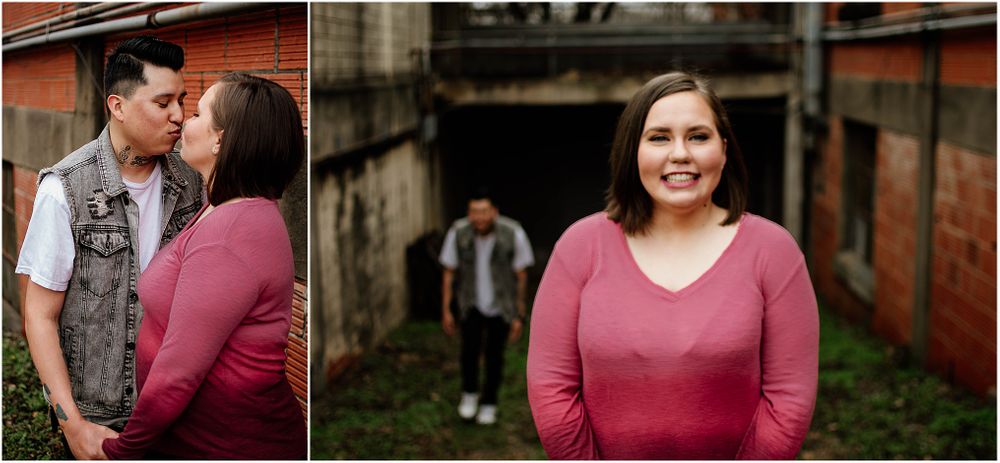 Intimate couple photos with playful expressions against urban brick backdrop.
