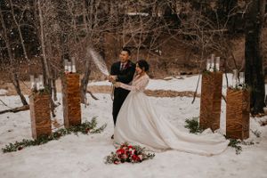 A romantic winter wedding photoshoot in a snowy forest with elegant white dress and red floral bouquet.