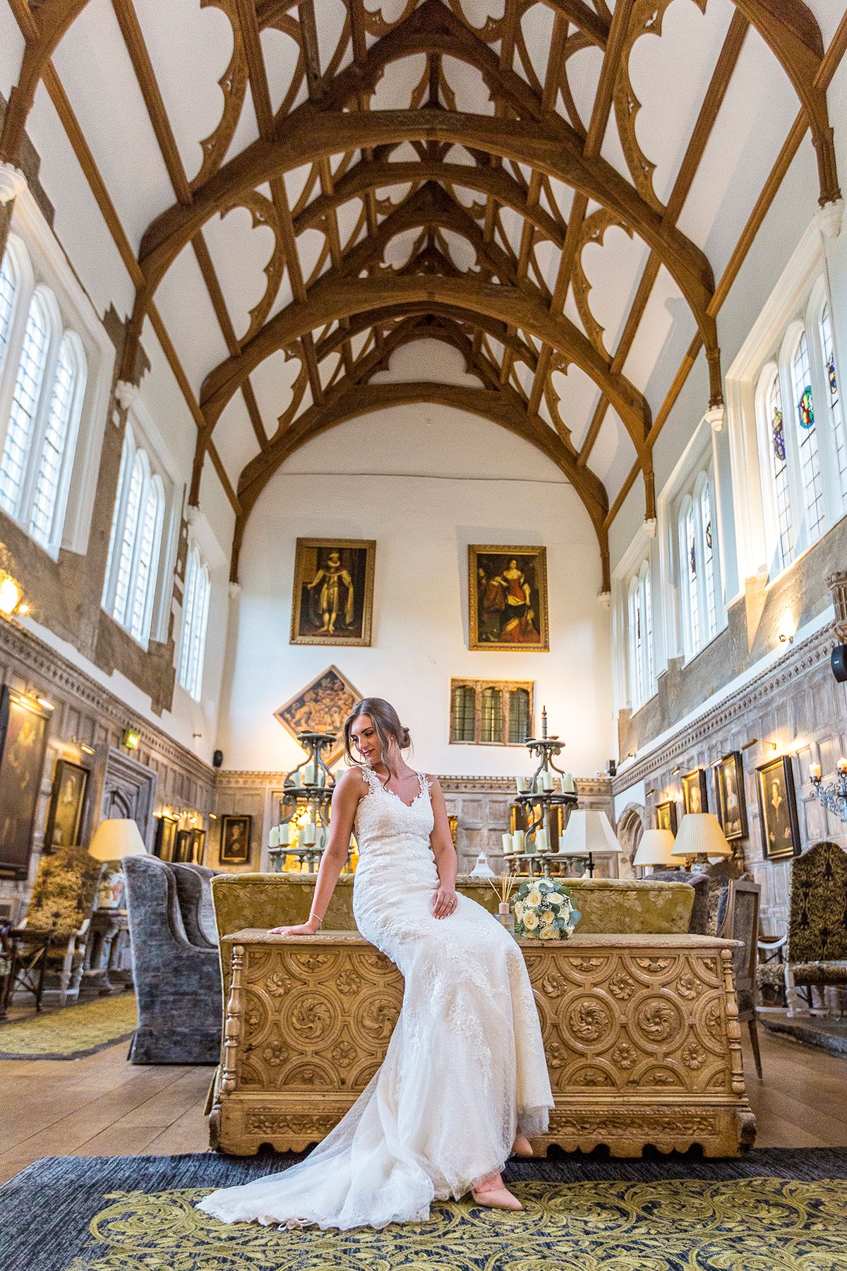 bride in the main hall at falsely hall hotel as it would have looked in Tudor times