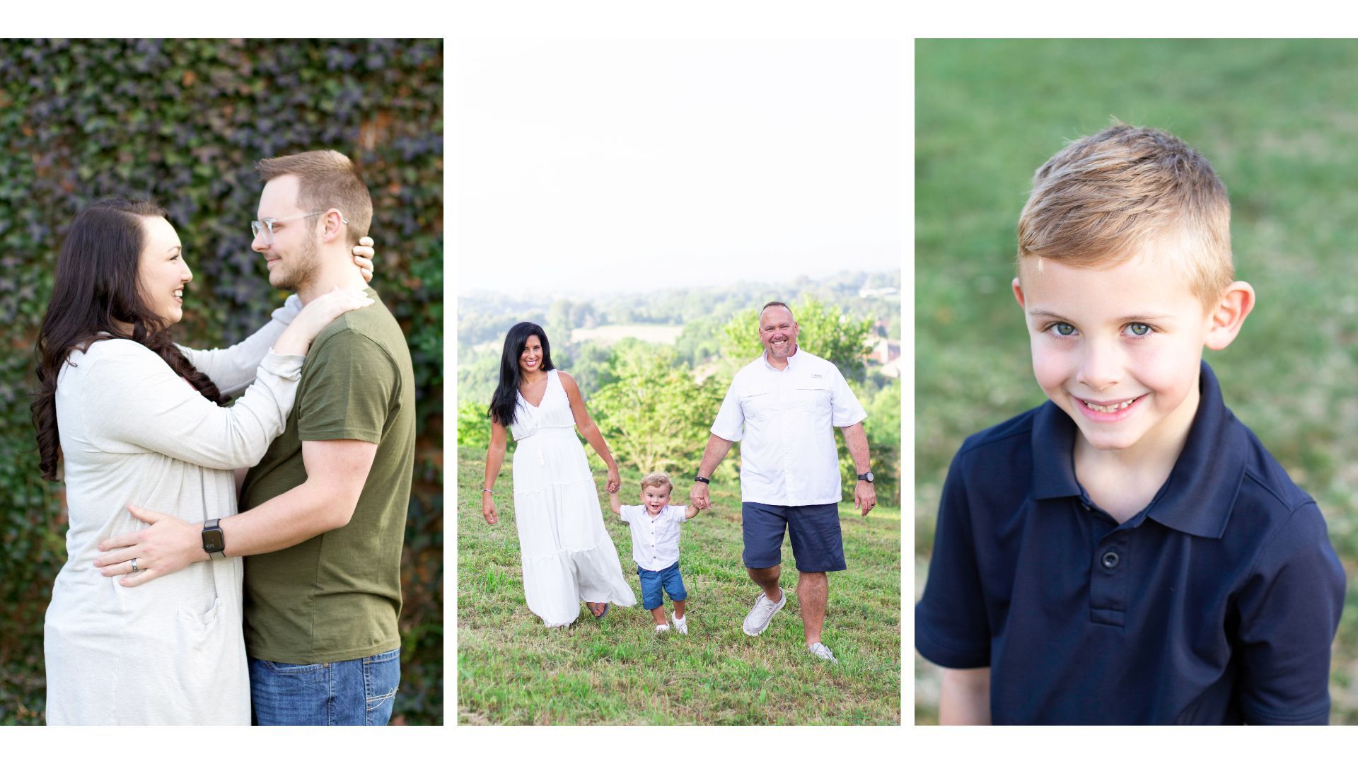 Three photo collage. Couple hugging, family holding hands, child smiling for camera.
