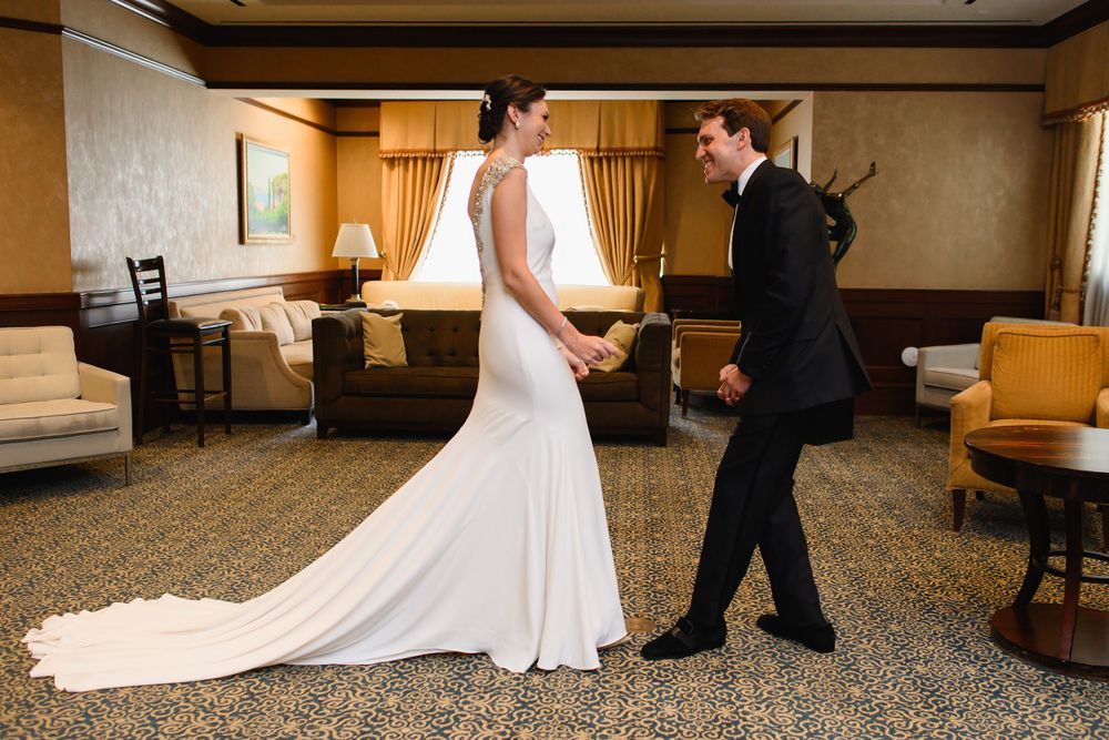 Bride and groom's first look before wedding at InterContinental Cleveland photographed by Tom Forrest.