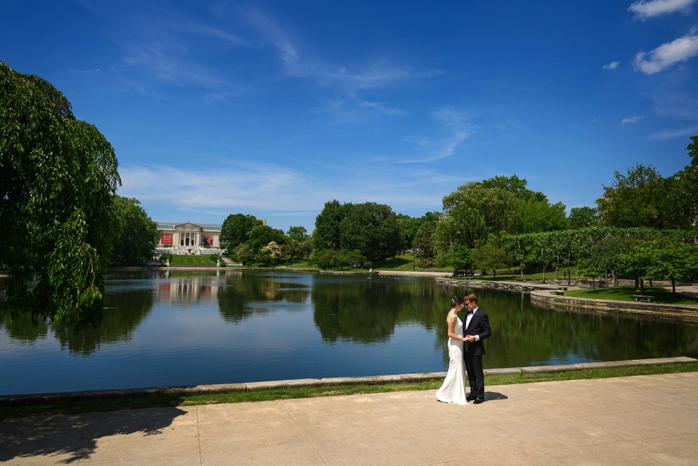Bridal and groom environmental portrait at Wade Lagoon in Cleveland, Ohio.