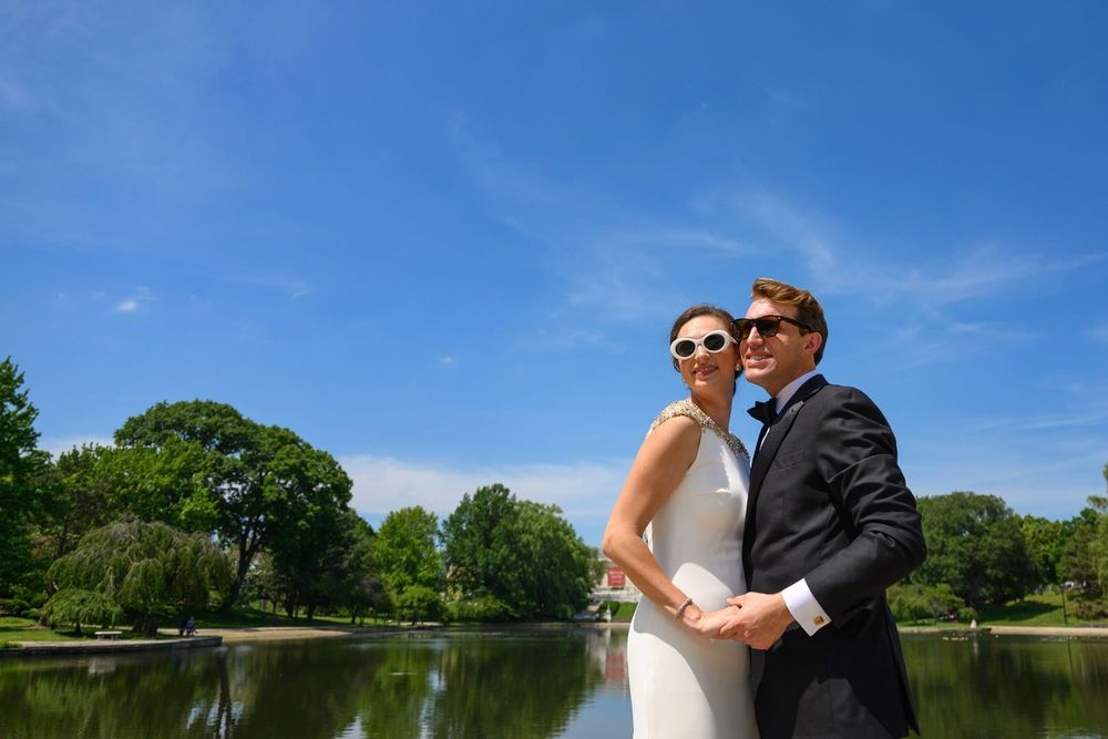 Bridal and groom sun-drenched portrait at Wade Lagoon in Cleveland, Ohio.