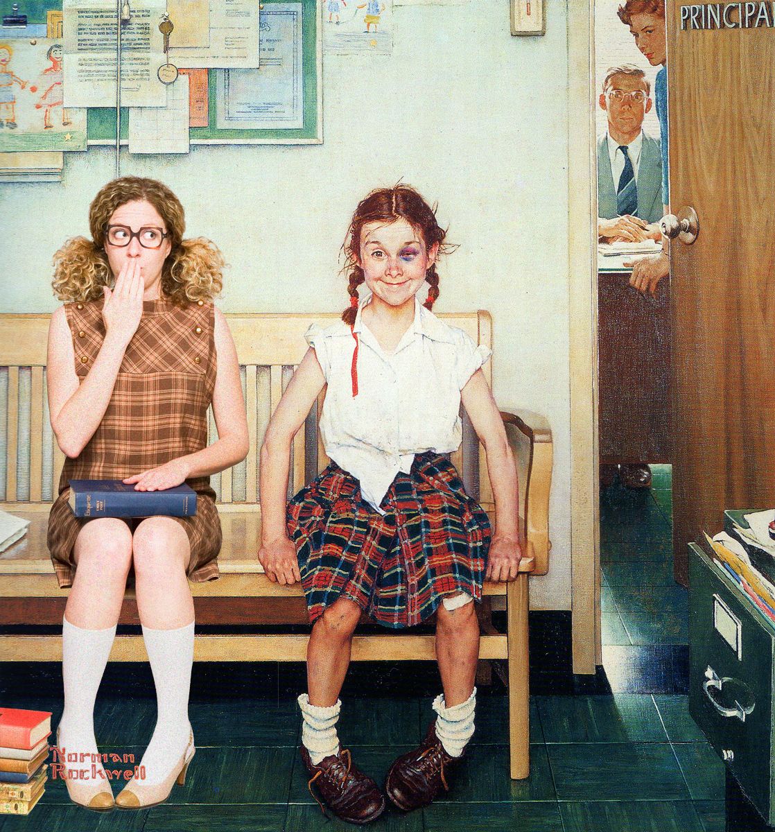 Norman Rockwell style illustration of students waiting outside principal's office.