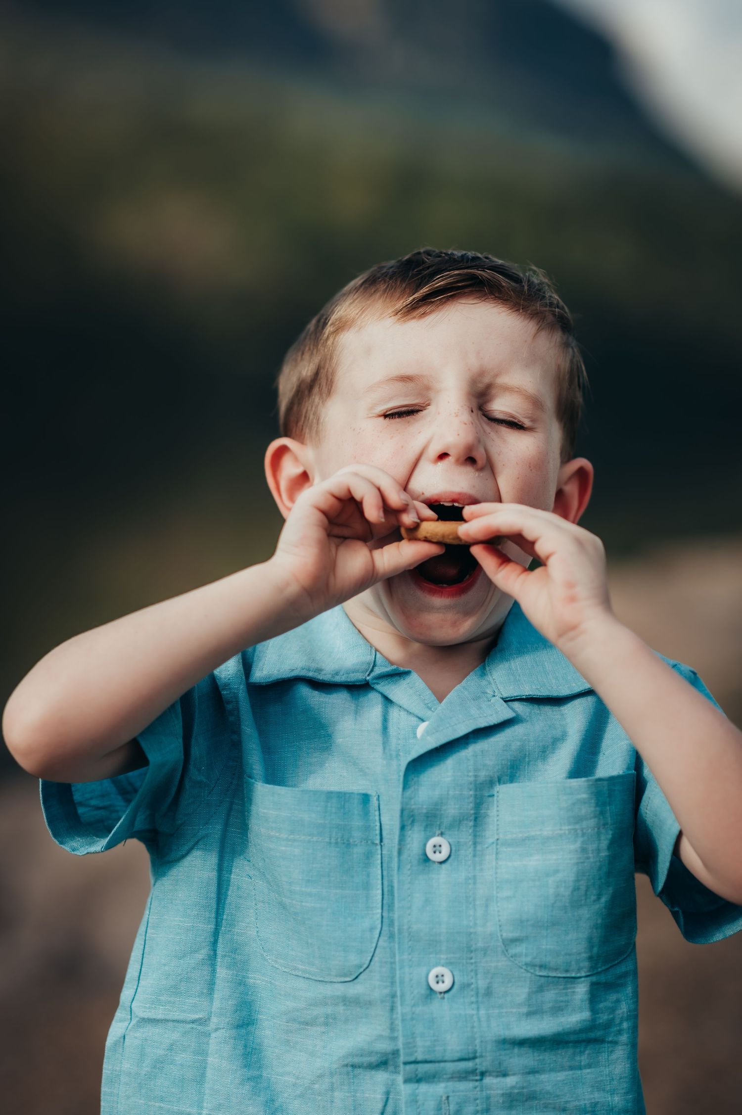 little boy takes a giant bite out of a chocolate chip cookie as his reward and break at family photos