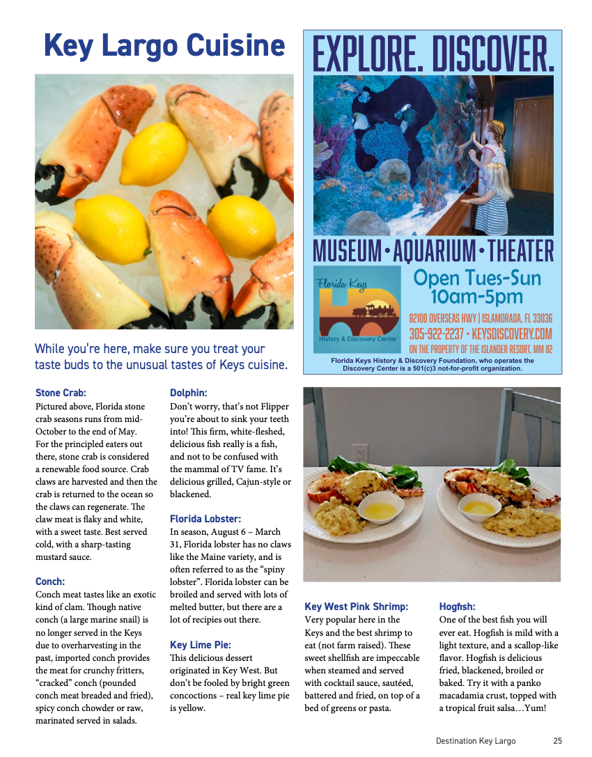 A magazine layout showing fresh stone crab claws with lemons on the left and a tourism advertisement for a museum on the right.