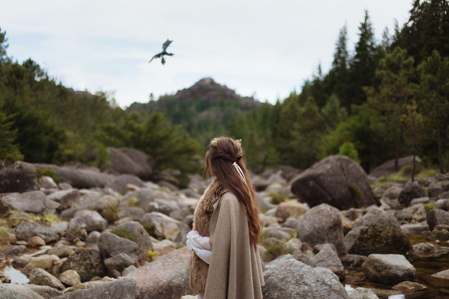 mulher princesa guerreira de vestido capa pêlo costas nas montanhas medieval dragão céu princesscore medieval fantasia