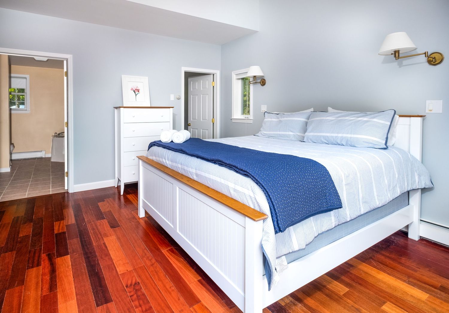 Interior shot of a bedroom at vacation rental property in Harrison, Maine.