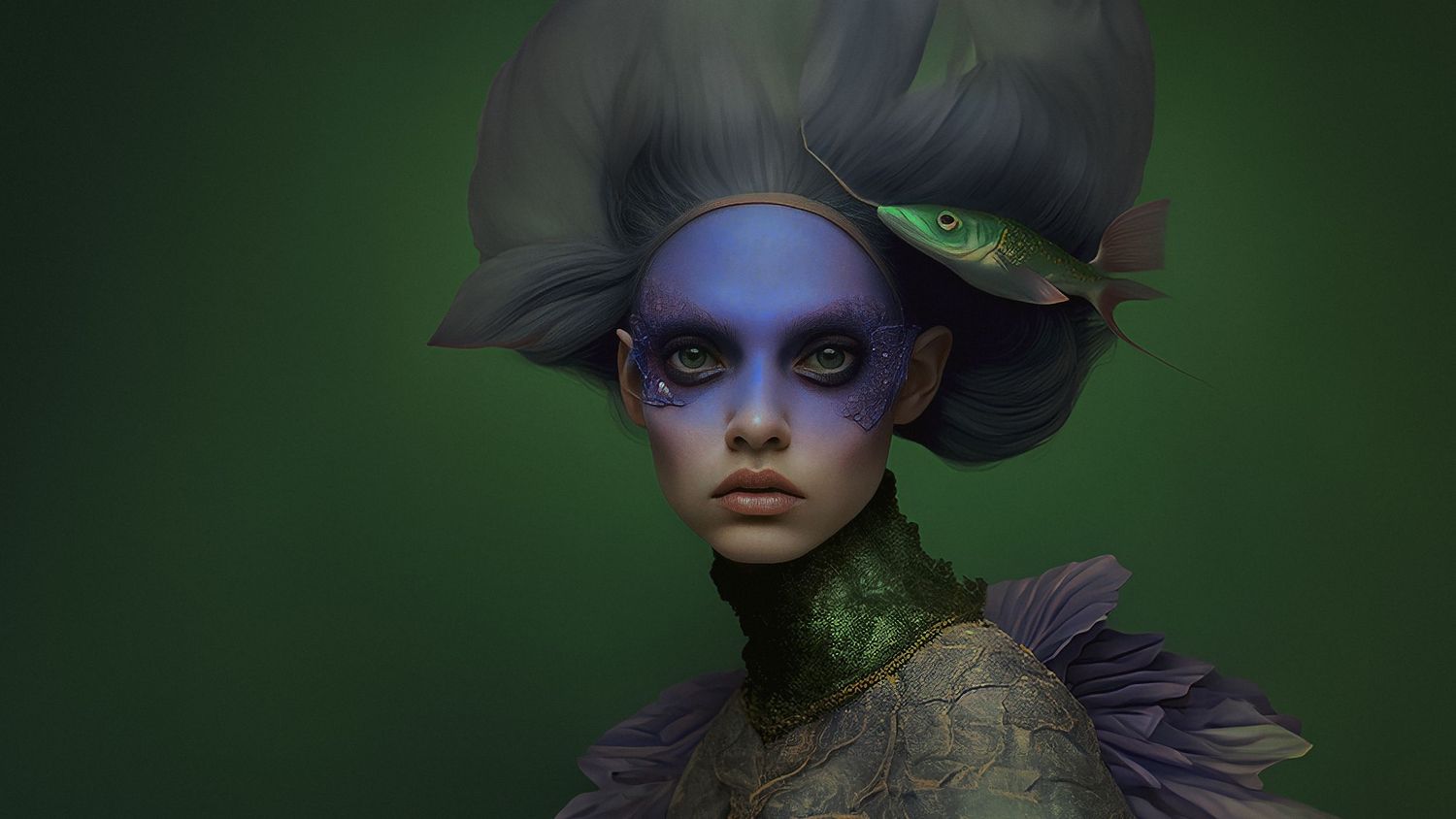 Ethereal portrait with blue face paint and dramatic gray headdress against emerald backdrop.