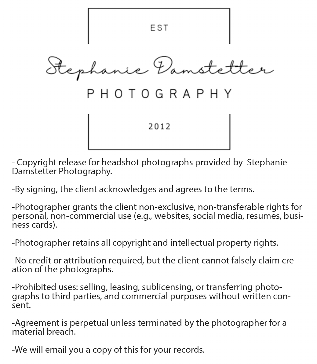 Photography copyright release form with terms and conditions in black text.